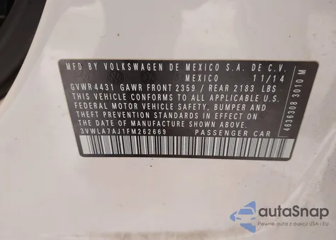 2015 Volkswagen Jetta 2.0L Tdi Sel из США, поврежденный, VIN 3VWLA7AJ1FM262669